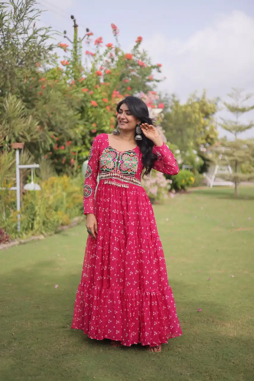 Fancy Pink Faux Georgette Bandhani Print Work Gown