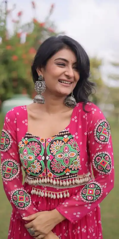 Fancy Pink Faux Georgette Bandhani Print Work Gown