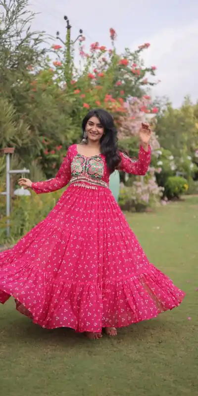 Fancy Pink Faux Georgette Bandhani Print Work Gown