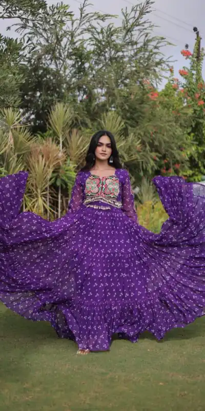 Fancy Purple Faux Georgette Bandhani Print Work Gown