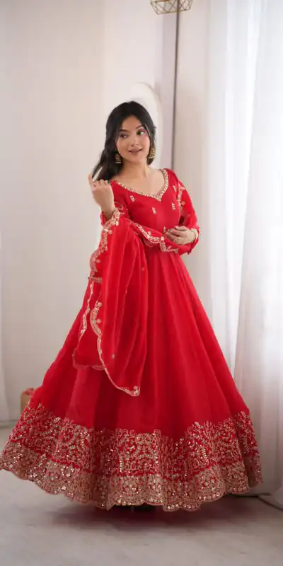 Fancy Red Fendy Silk Embroider Sequins Work Gown
