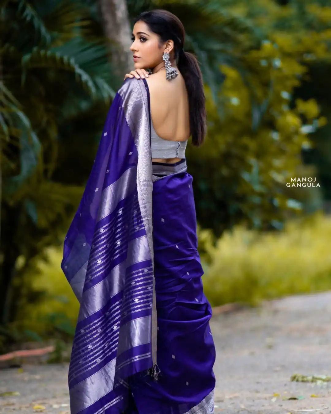 Fancy Royal Blue Soft Lichi Silk Lace Work Saree