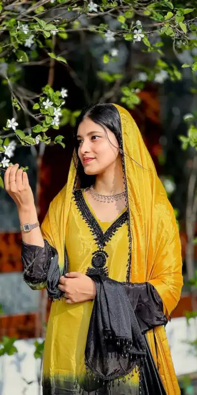 Fancy Yellow French Crep Silk Embroidery Salwar Suit