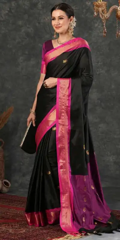 Fantastic Black Soft Lichi Silk Lace Work Saree