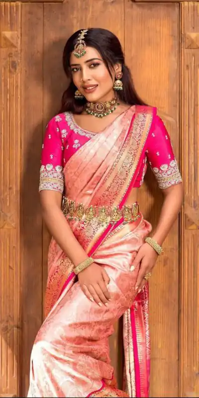 Fantastic Peach Soft Lichi Silk Lace Work Saree