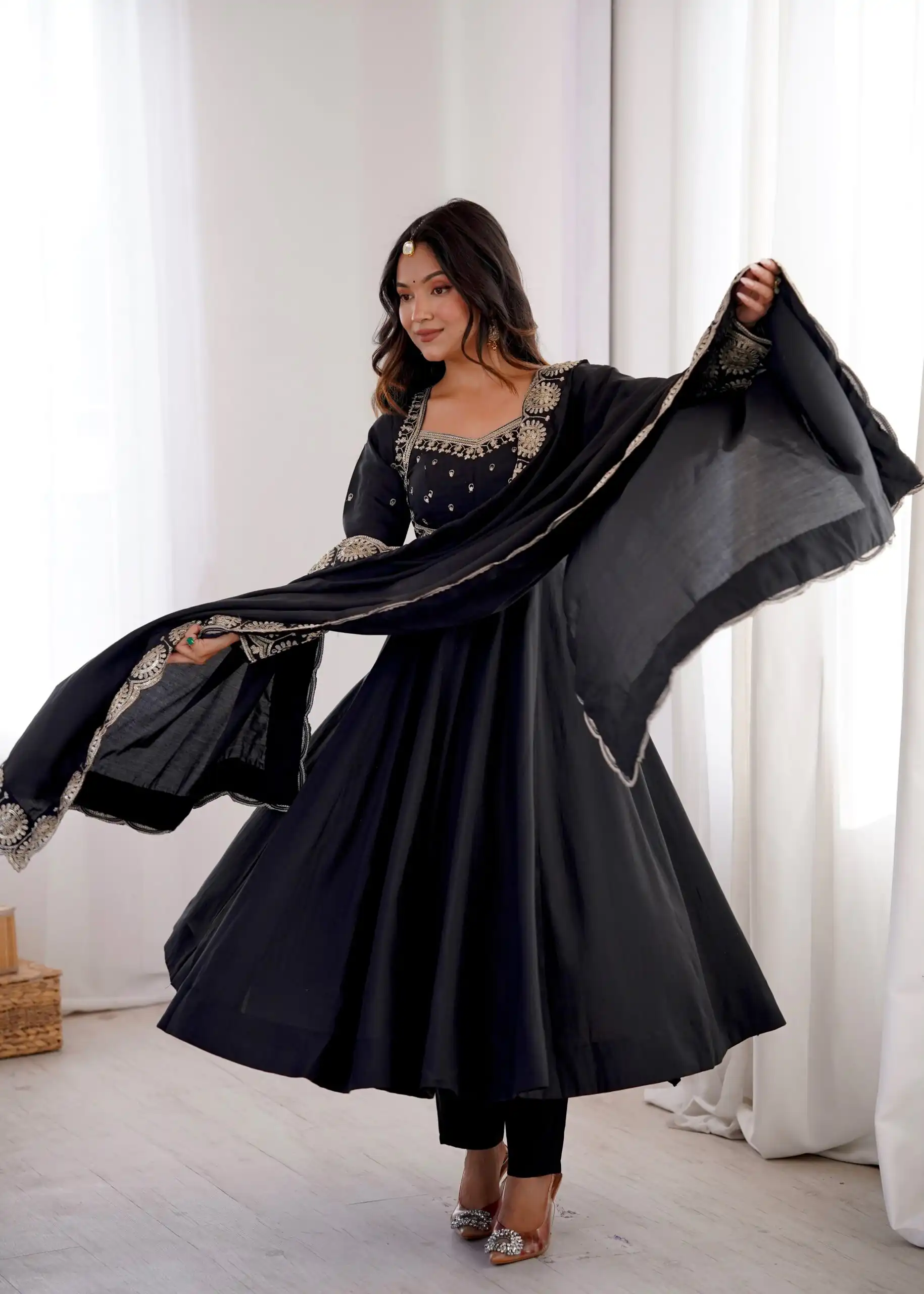 Glowing Black Roman Silk Embroidery Work Anarkali Suit