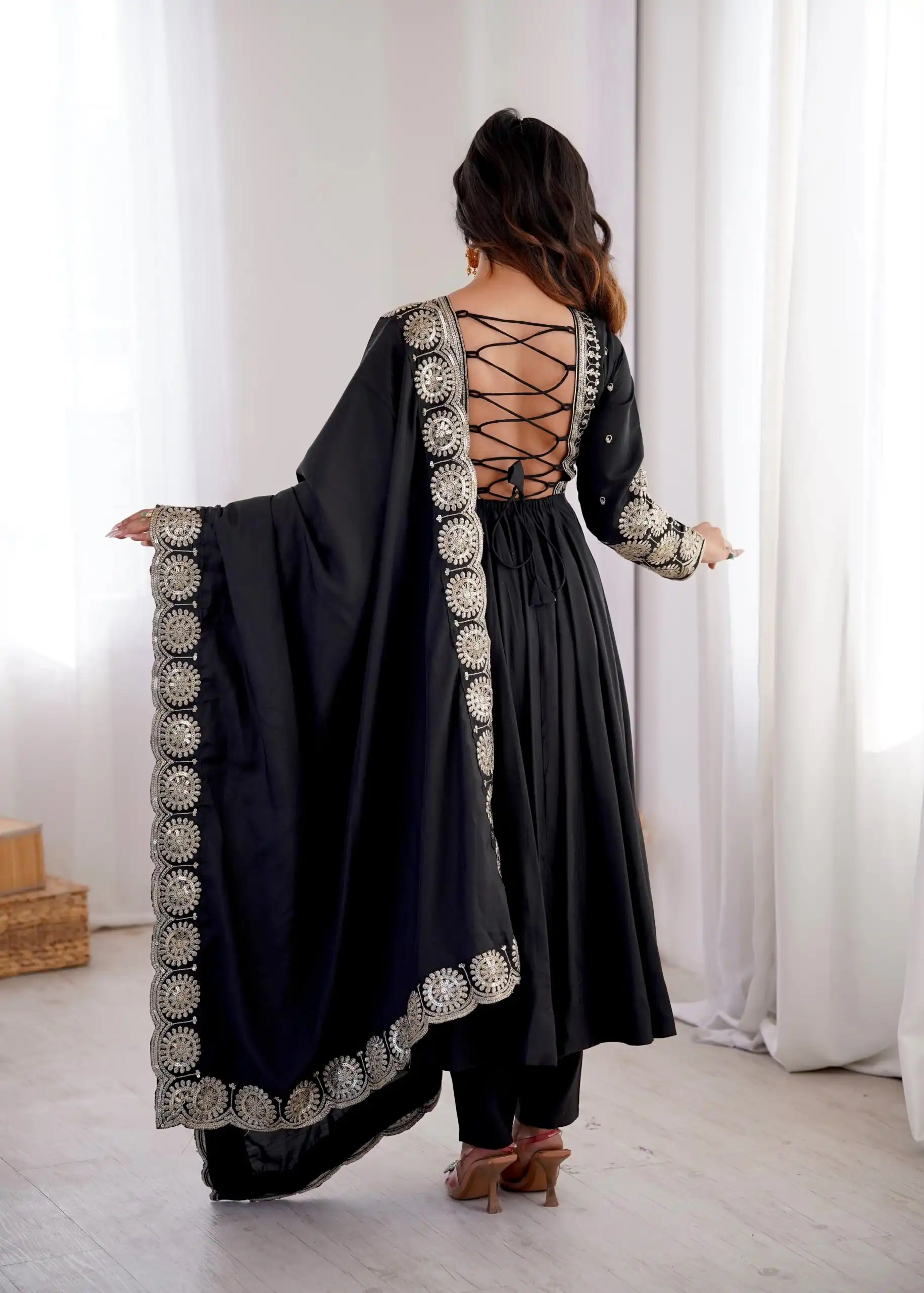 Glowing Black Roman Silk Embroidery Work Anarkali Suit