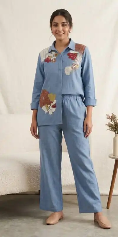 Glowing Blue Cotton Denim Embroidery Work Kurti