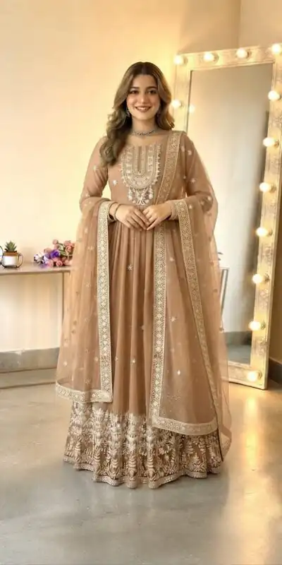 Glowing Chiku Georgette Embroidery Sequins Work Gown
