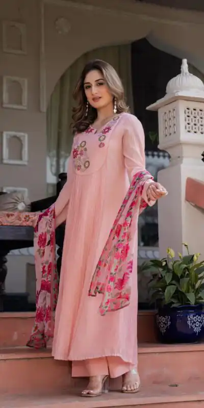 Glowing Peach Mal Chanderi Embroider Work Salwar Suit