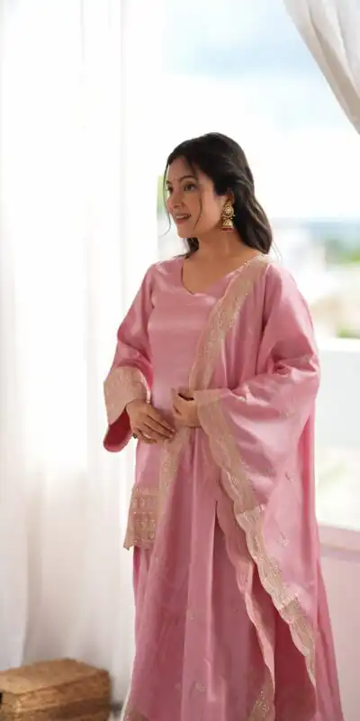 Glowing Pink Glass Roman Silk Sequins Work Salwar Suit