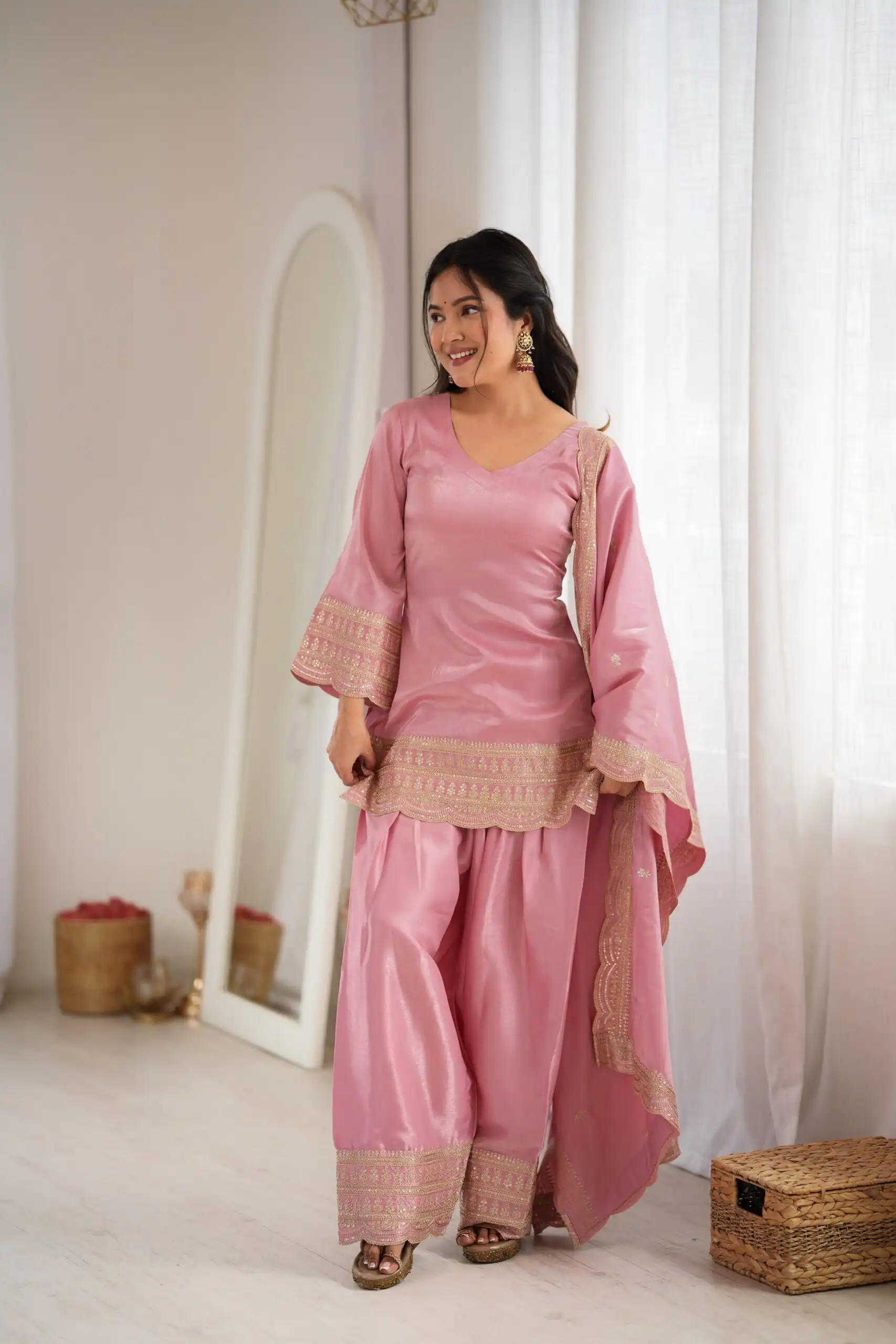 Glowing Pink Glass Roman Silk Sequins Work Salwar Suit