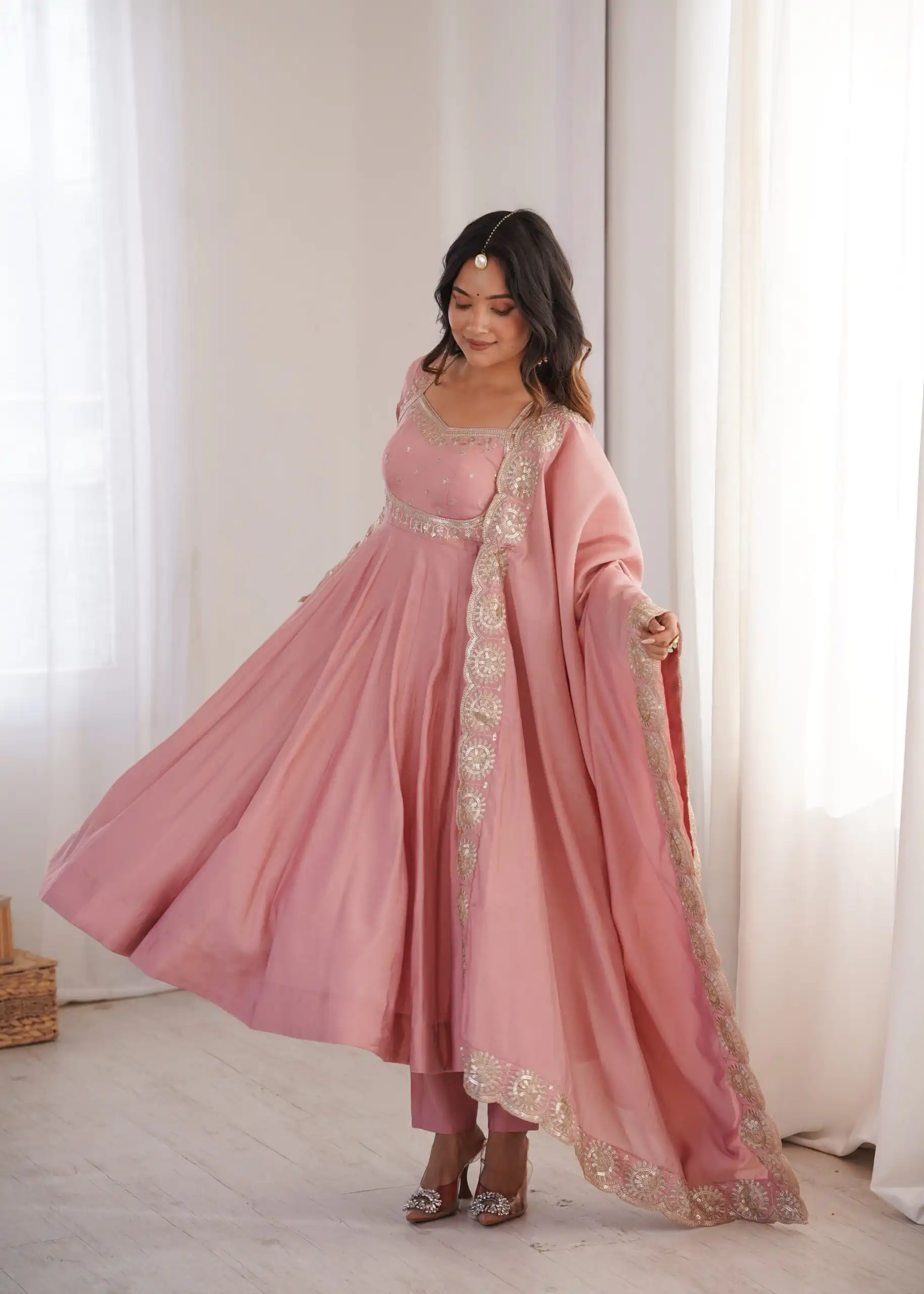 Glowing Pink Roman Silk Embroidery Work Anarkali Suit