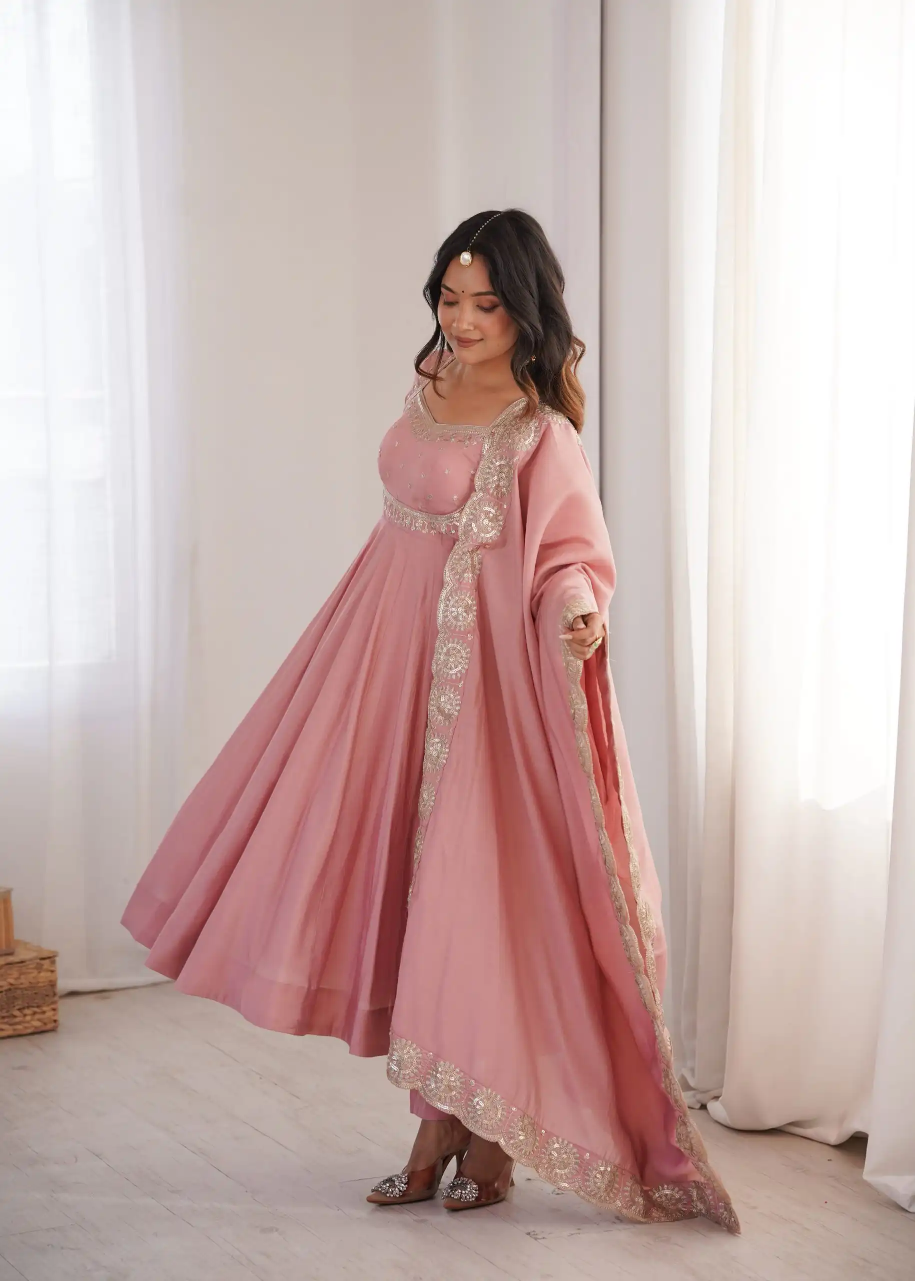 Glowing Pink Roman Silk Embroidery Work Anarkali Suit