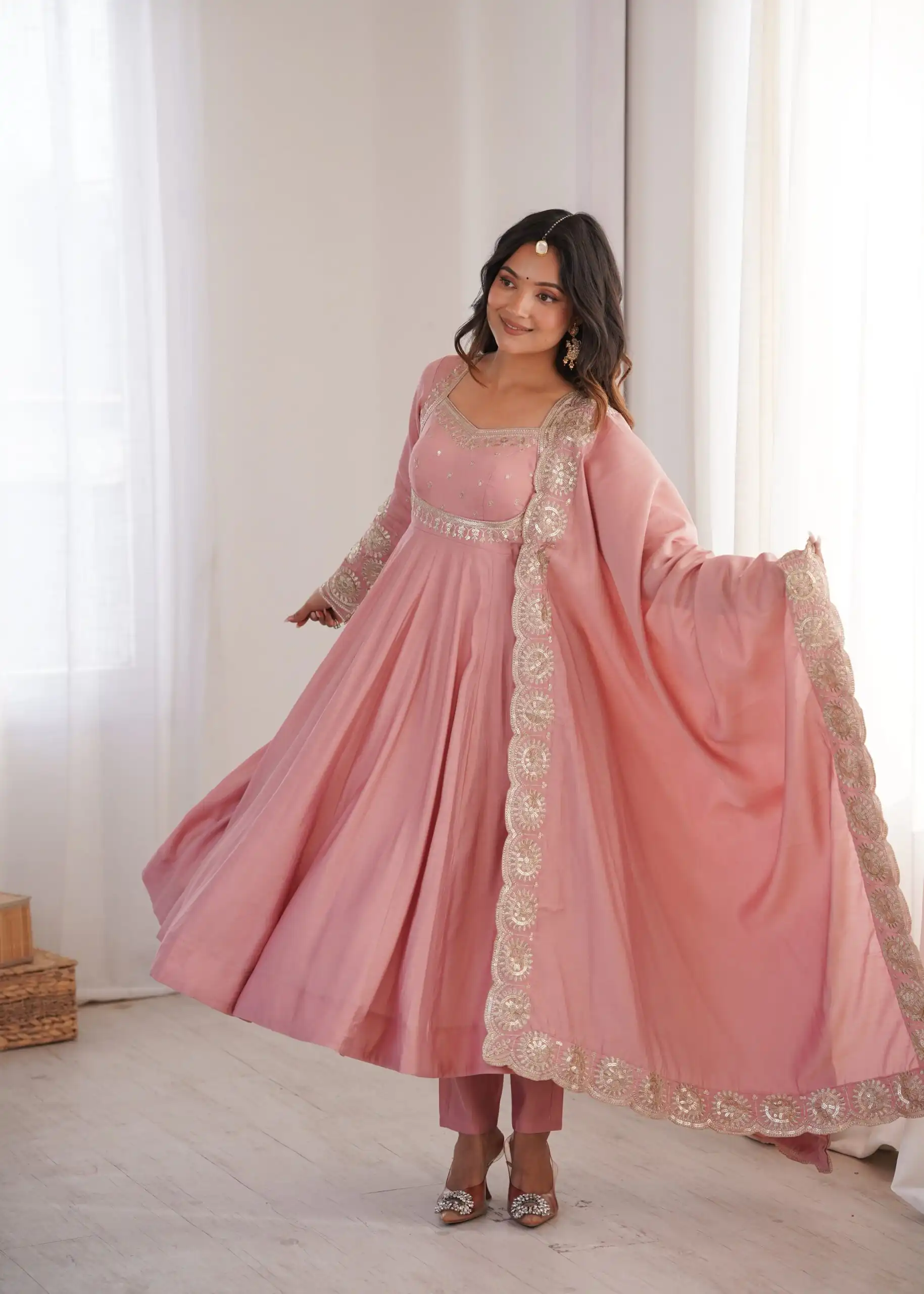 Glowing Pink Roman Silk Embroidery Work Anarkali Suit