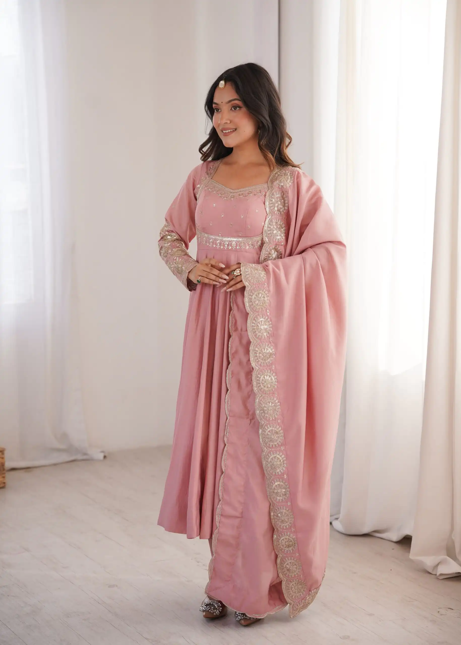 Glowing Pink Roman Silk Embroidery Work Anarkali Suit