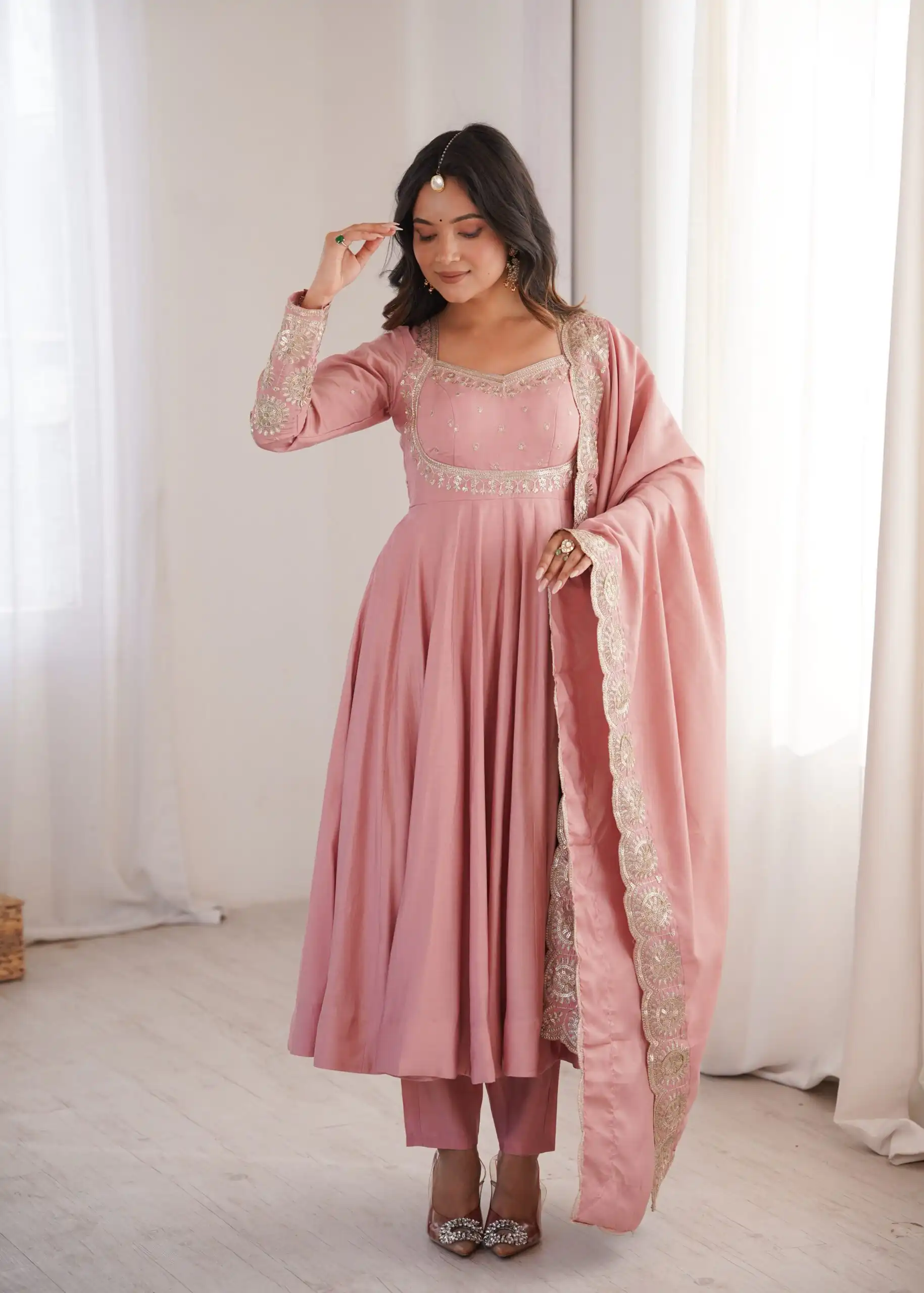 Glowing Pink Roman Silk Embroidery Work Anarkali Suit