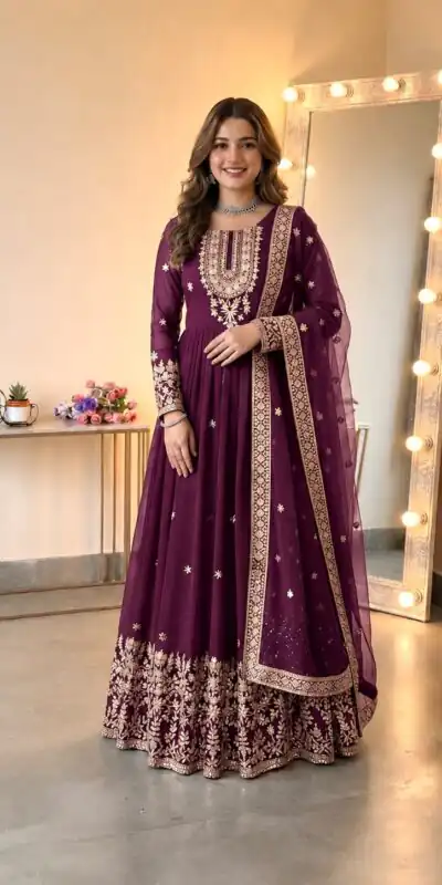 Glowing Wine Georgette Embroidery Sequins Work Gown