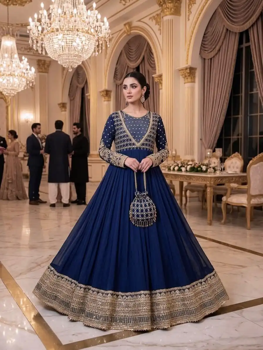 Gorgeous Navy Blue Georgette Embroidery Work Gown