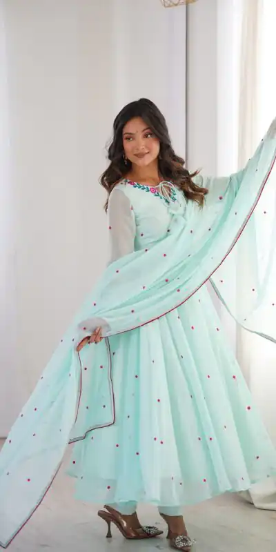 Gorgeous Sky Blue Faux Georgette Embroider Work Salwar Suit