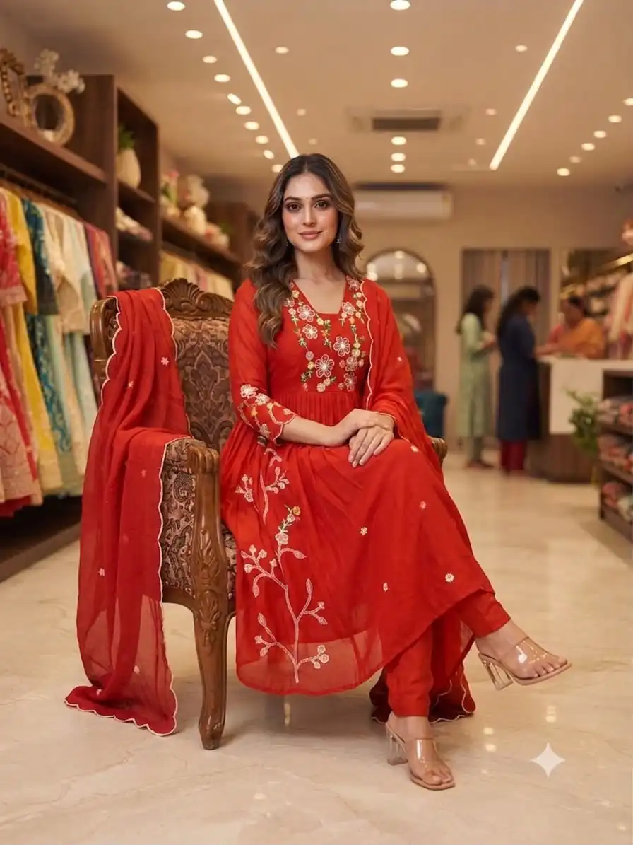 Graceful Red Mul Chanderi Silk Thread Work Salwar Suit