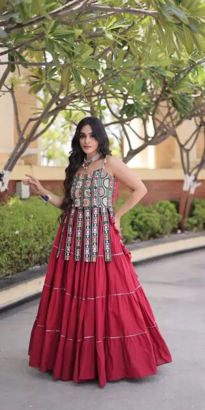Grand Red Kora Cotton Kutchi Patch Work Lehenga Choli