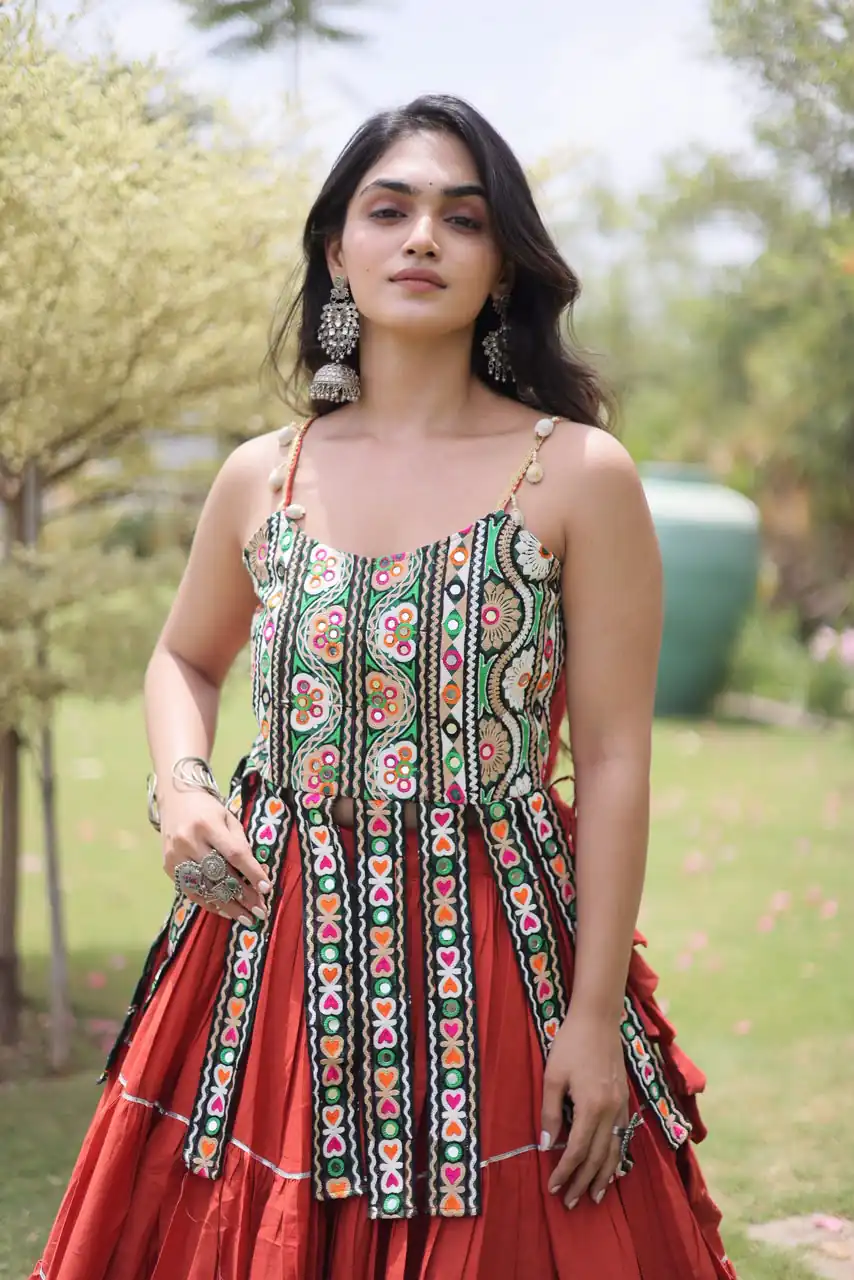 Grand Rust Kora Cotton Kutchi Patch Work Lehenga Choli