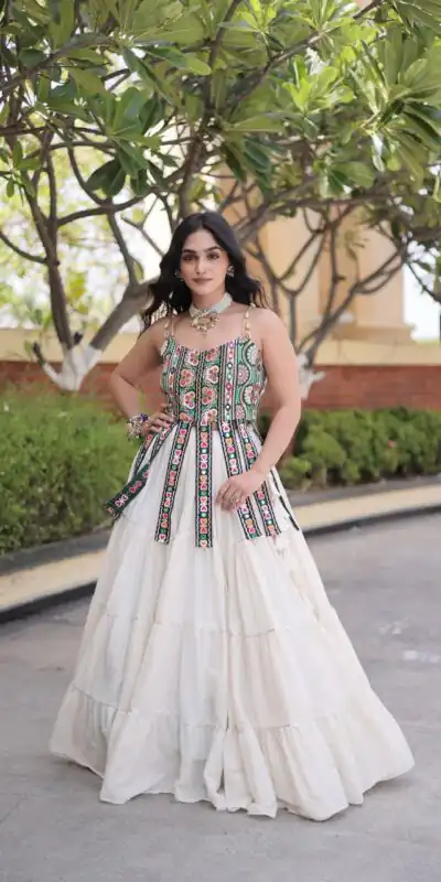 Grand White Kora Cotton Kutchi Patch Work Lehenga Choli