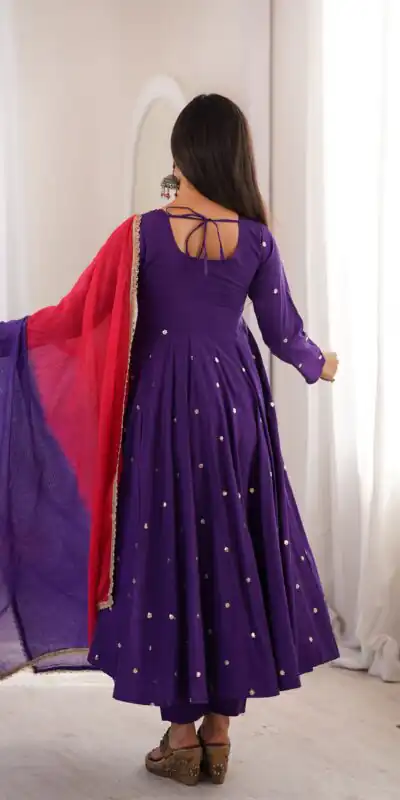 Lovely Purple Roman Silk Mirror Embroidery Work Gown