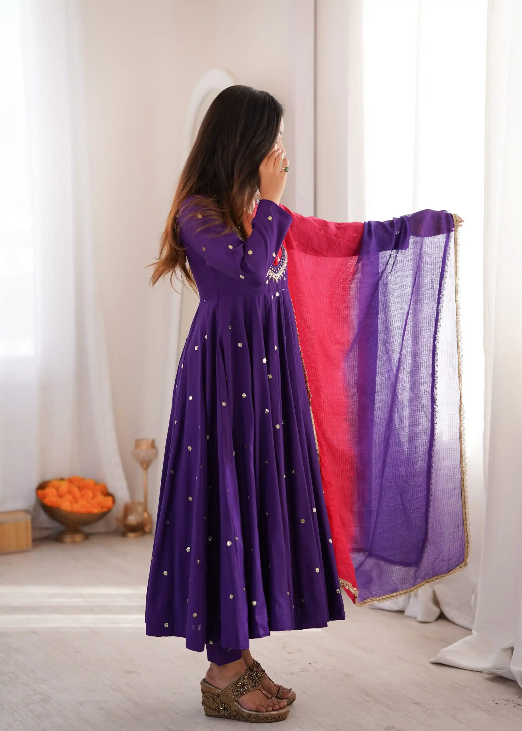 Lovely Purple Roman Silk Mirror Embroidery Work Gown