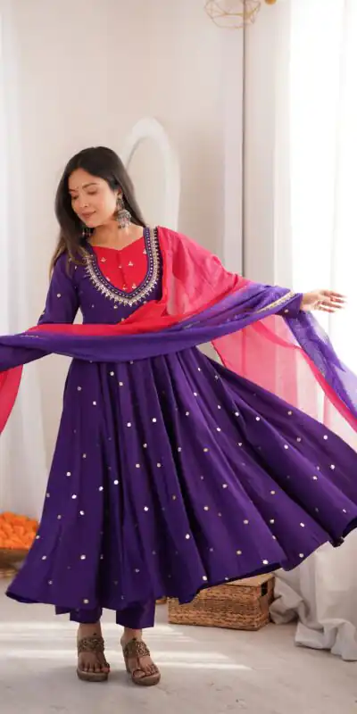 Lovely Purple Roman Silk Mirror Embroidery Work Gown