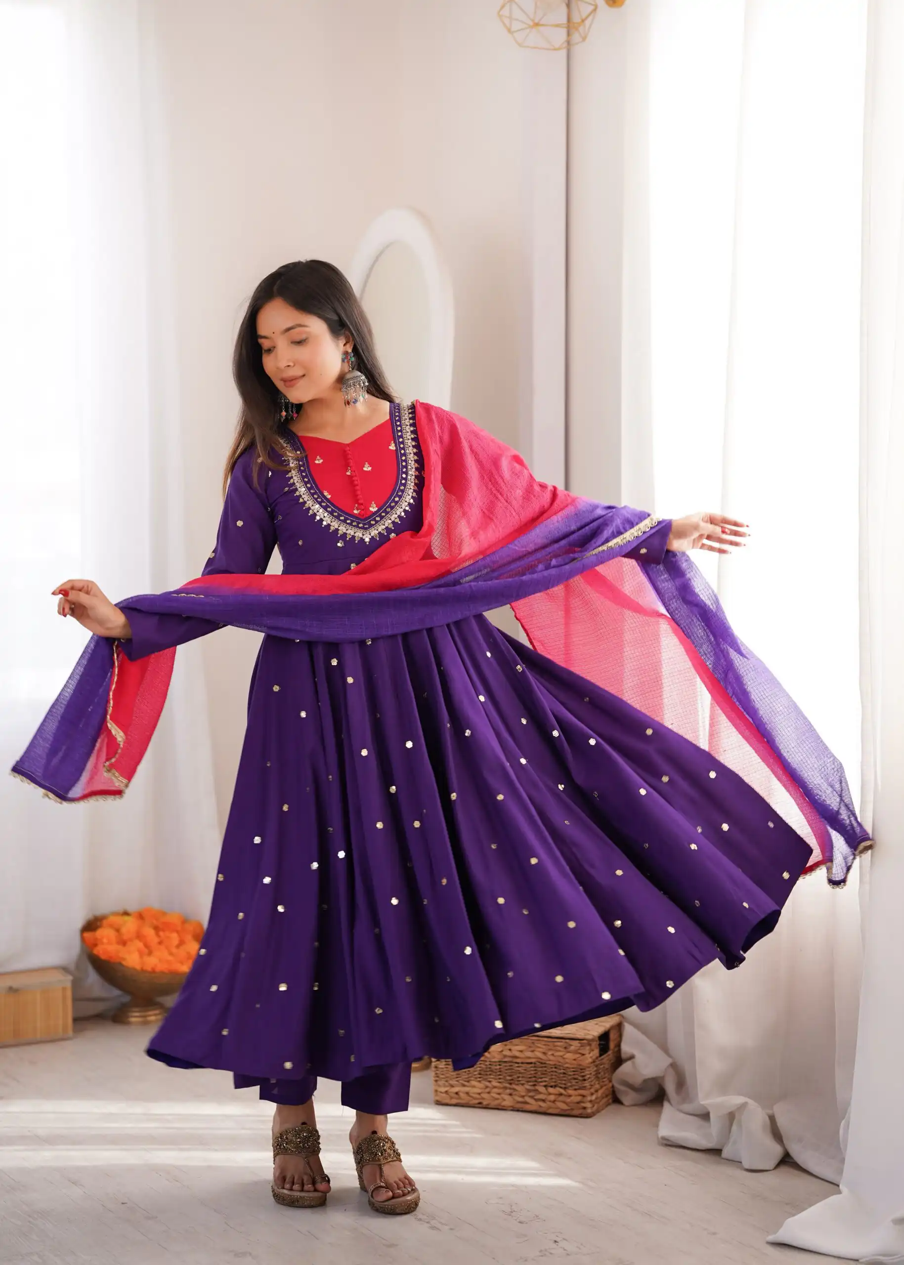 Lovely Purple Roman Silk Mirror Embroidery Work Gown