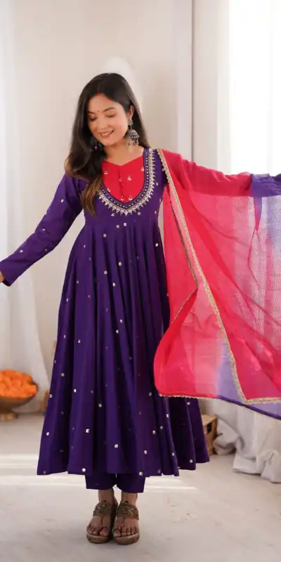 Lovely Purple Roman Silk Mirror Embroidery Work Gown