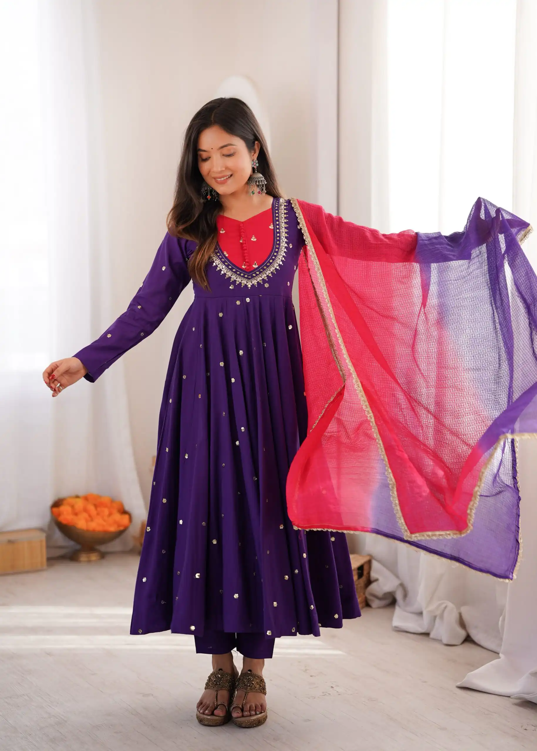 Lovely Purple Roman Silk Mirror Embroidery Work Gown
