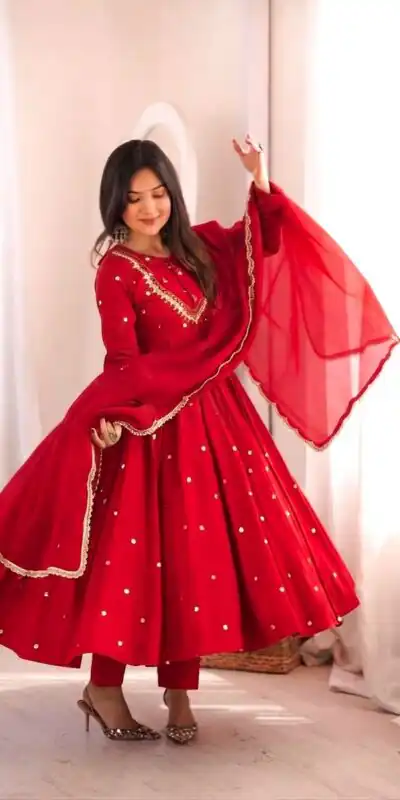 Lovely Red Roman Silk Mirror Embroidery Work Gown