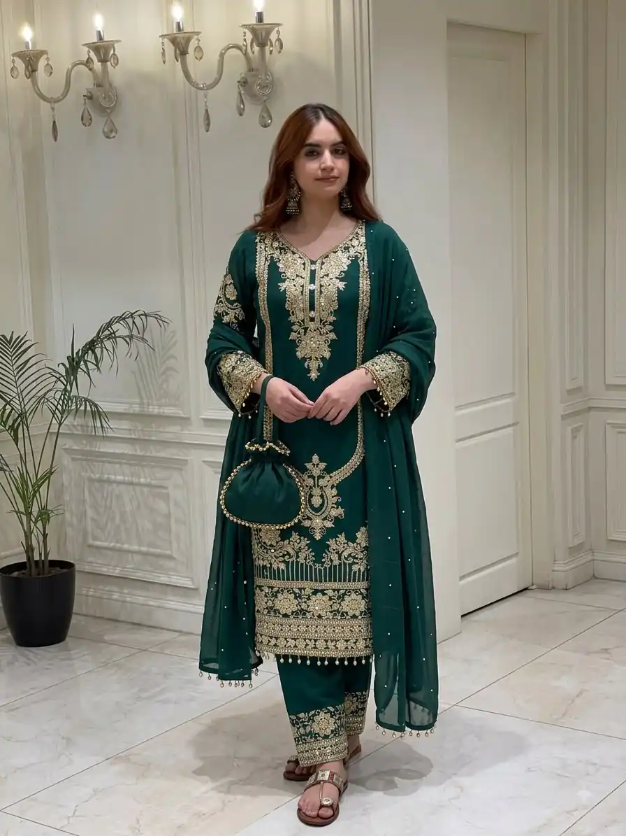 Magical Green Faux Georgette Sequence Work Salwar Suit
