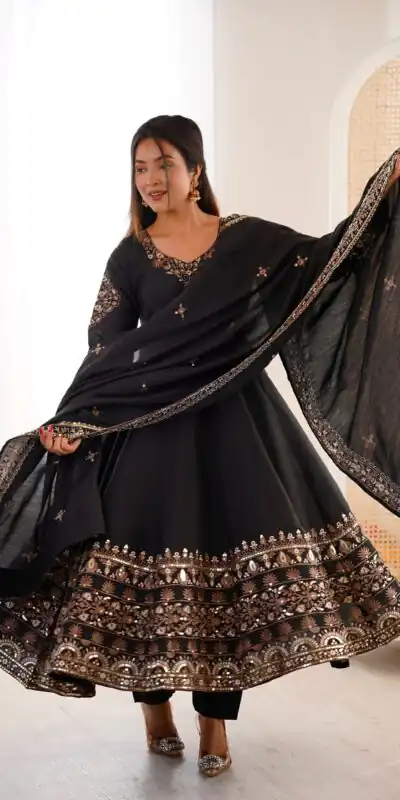 Nice Black Roman Silk Embroidery Work Gown