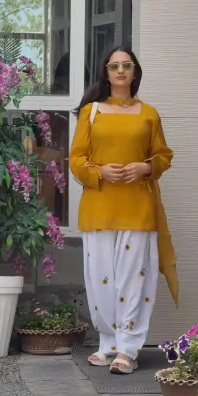 Nice Mustered Roman Cotton Embroidery Work Salwar Suit