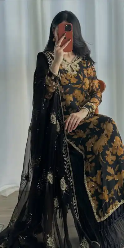 Pretty Black Faux Georgette Embroider Work Salwar Suit