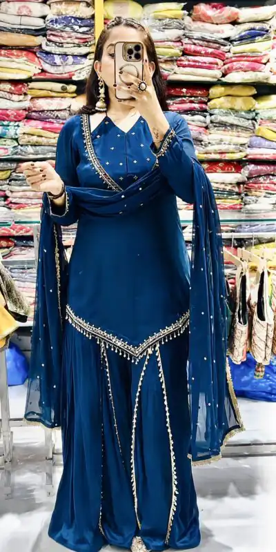 Pretty Blue Roman Glass Mirror Work Salwar Suit