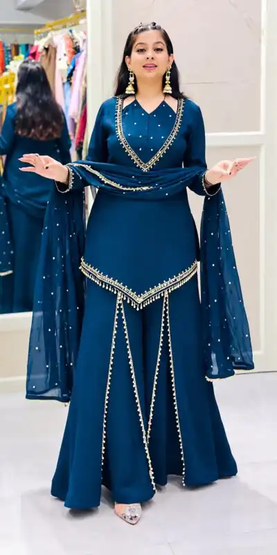 Pretty Blue Roman Glass Mirror Work Salwar Suit