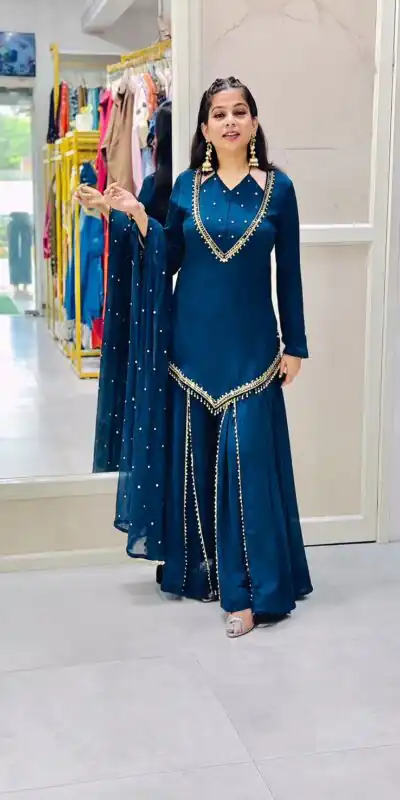 Pretty Blue Roman Glass Mirror Work Salwar Suit