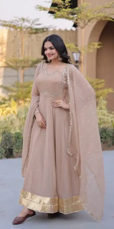 Pretty Cream Silver Crunchy Mirror Lace Work Gown