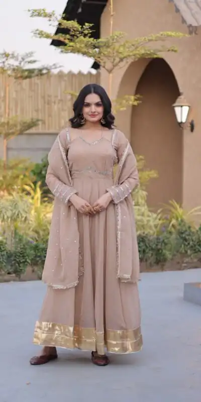 Pretty Cream Silver Crunchy Mirror Lace Work Gown
