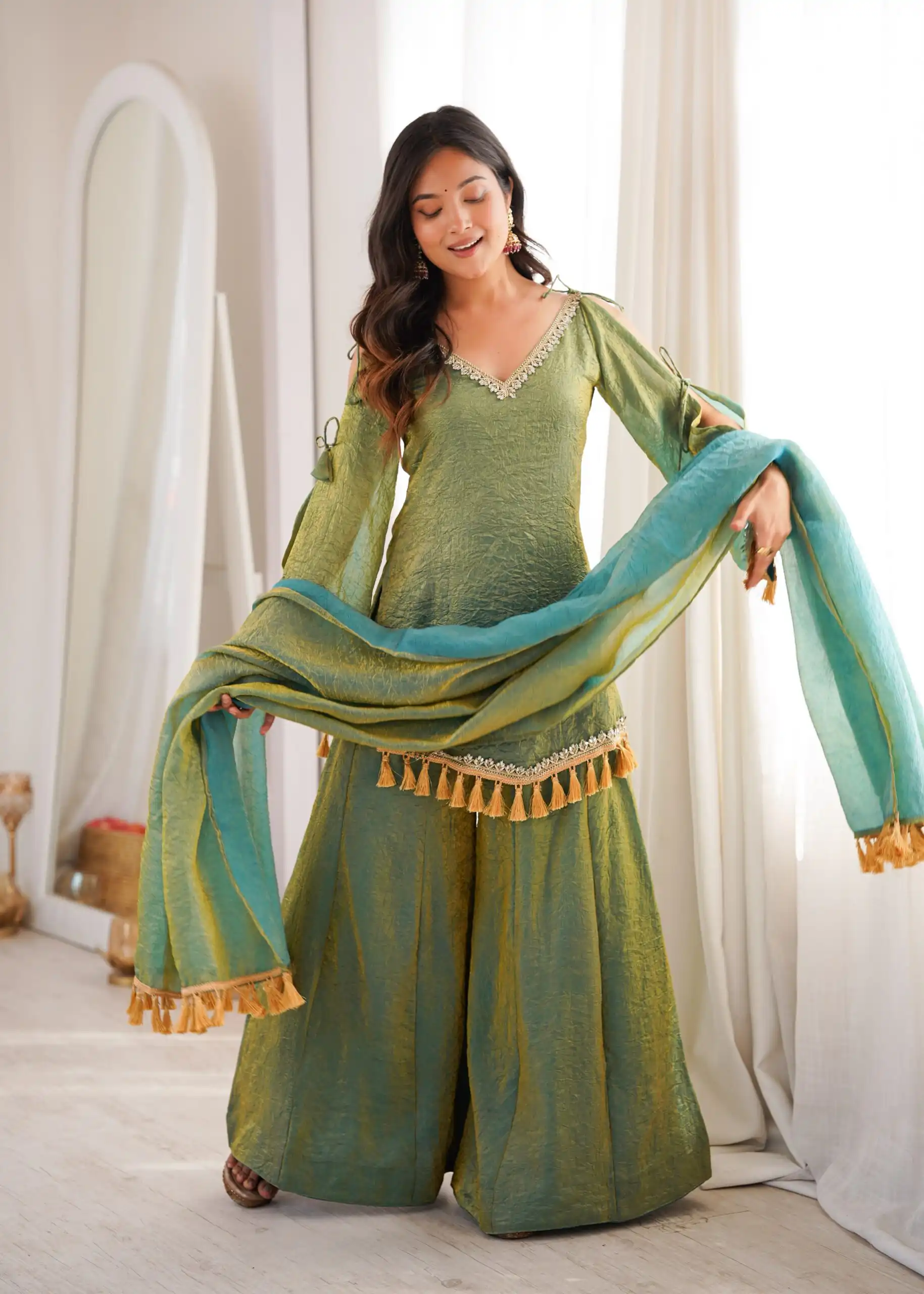 Pretty Green Doremon Crush Mirror Work Salwar Suit .