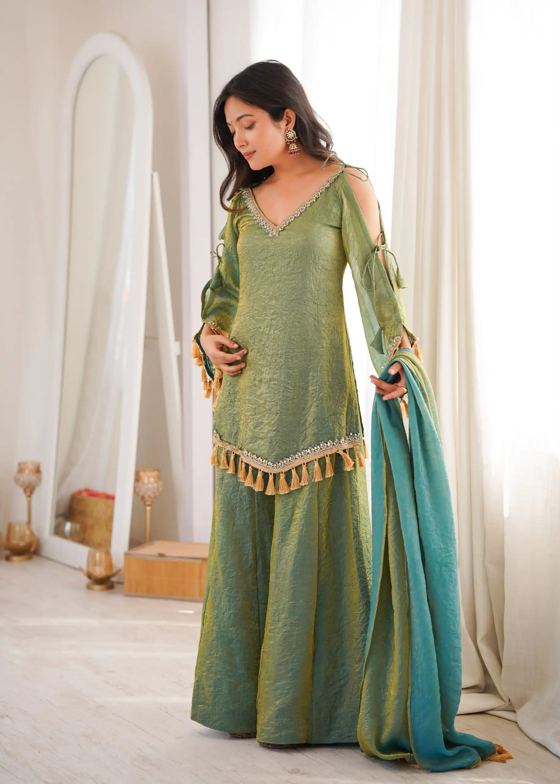 Pretty Green Doremon Crush Mirror Work Salwar Suit .