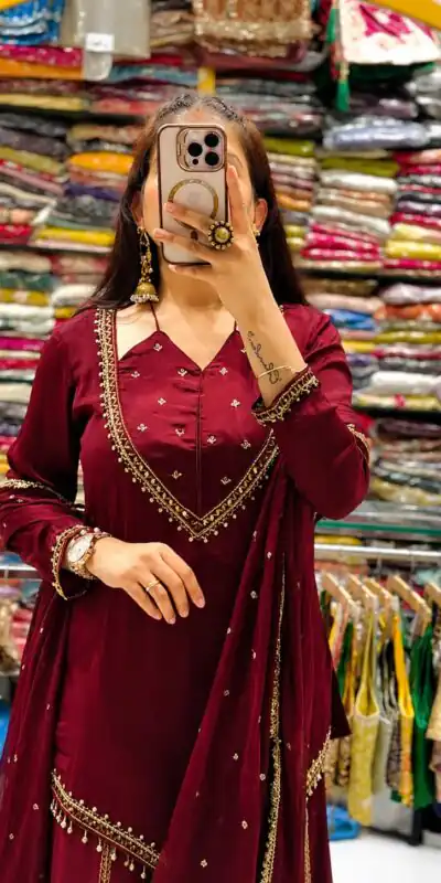 Pretty Maroon Roman Glass Mirror Work Salwar Suit