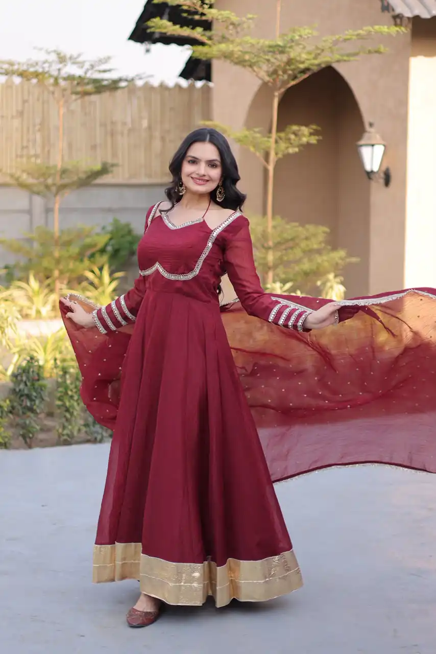 Pretty Maroon Silver Crunchy Mirror Lace Work Gown
