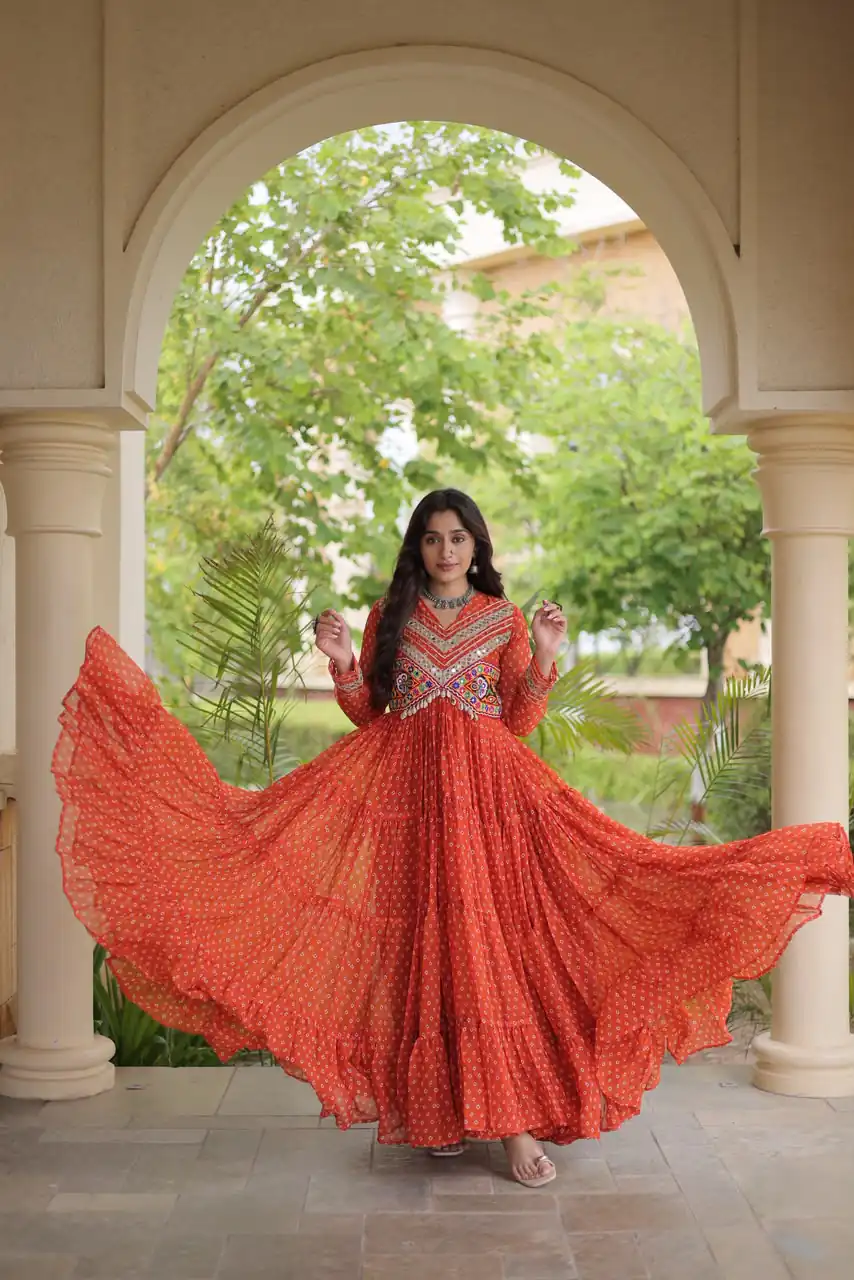 Pretty Orange Faux Georgette Bandhani Print Work Gown