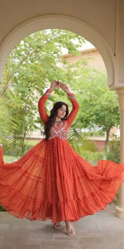 Pretty Orange Faux Georgette Bandhani Print Work Gown